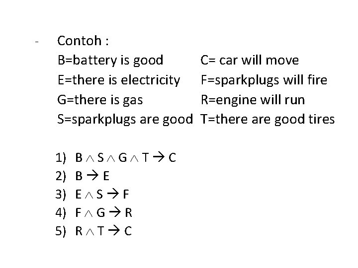 - Contoh : B=battery is good E=there is electricity G=there is gas S=sparkplugs are