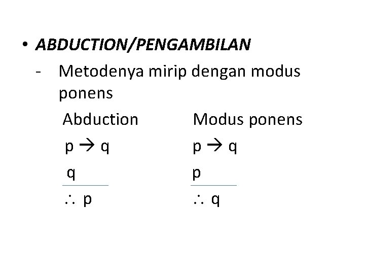  • ABDUCTION/PENGAMBILAN - Metodenya mirip dengan modus ponens Abduction Modus ponens p q