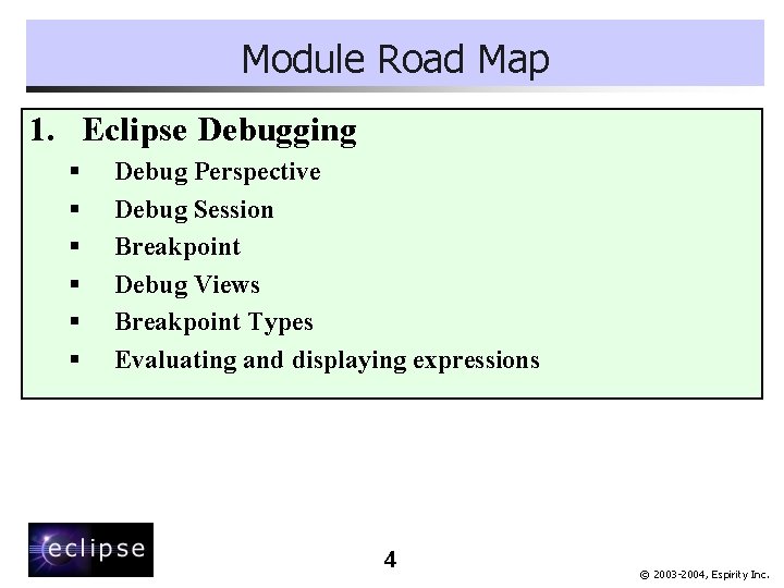 Module Road Map 1. Eclipse Debugging § § § Debug Perspective Debug Session Breakpoint