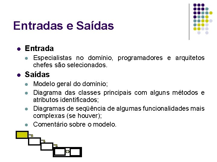 Entradas e Saídas l Entrada l l Especialistas no domínio, programadores e arquitetos chefes