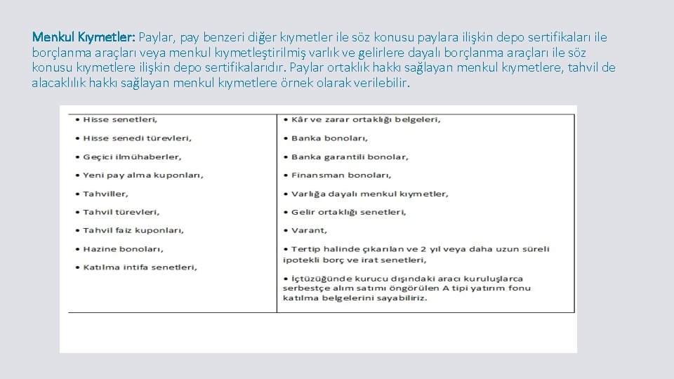 Menkul Kıymetler: Paylar, pay benzeri diğer kıymetler ile söz konusu paylara ilişkin depo sertifikaları Menkul Kıymetler: Paylar, pay benzeri diğer kıymetler ile söz konusu paylara ilişkin depo sertifikaları