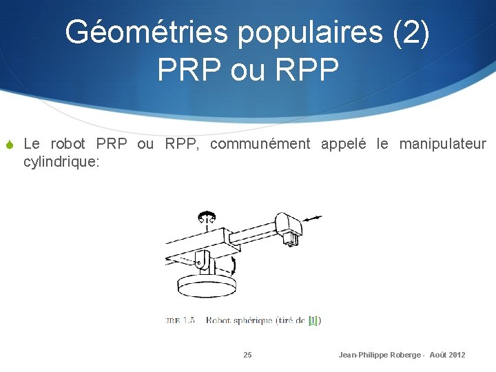 Géométries populaires (2) PRP ou RPP S Le robot PRP ou RPP, communément appelé