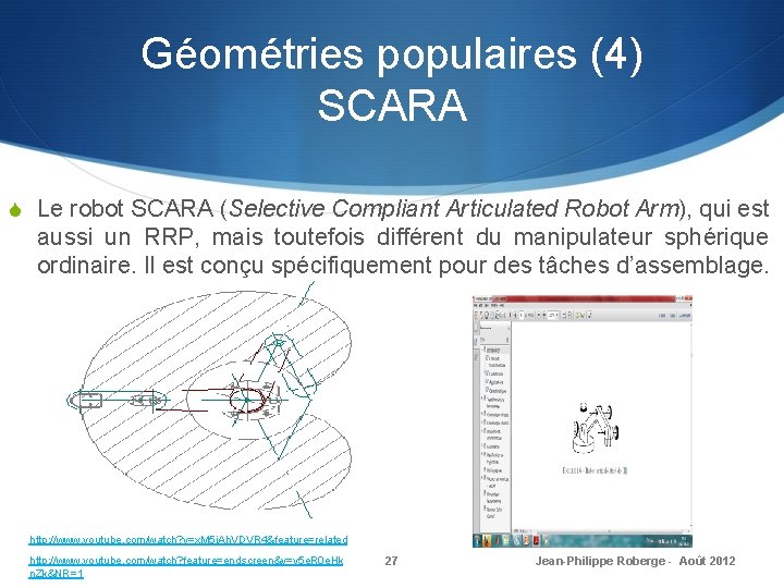 Géométries populaires (4) SCARA S Le robot SCARA (Selective Compliant Articulated Robot Arm), qui