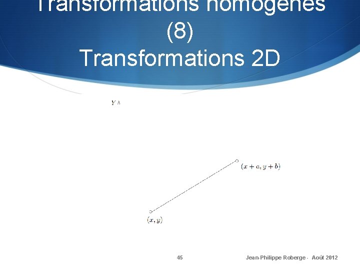 Transformations homogènes (8) Transformations 2 D 45 Jean-Philippe Roberge - Août 2012 