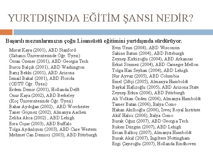 YURTDIŞINDA EĞİTİM ŞANSI NEDİR? Başarılı mezunlarımızın çoğu Lisansüstü eğitimini yurtdışında sürdürüyor. Murat Kaya (2001),