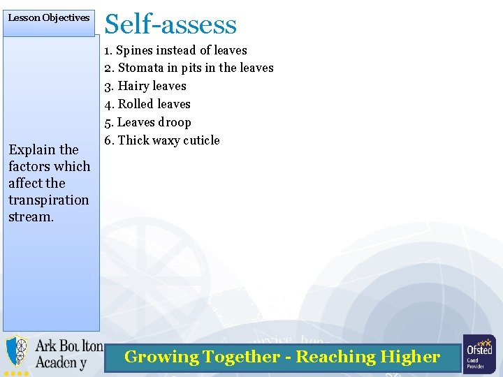 Lesson Objectives Explain the factors which affect the transpiration stream. Self-assess 1. Spines instead