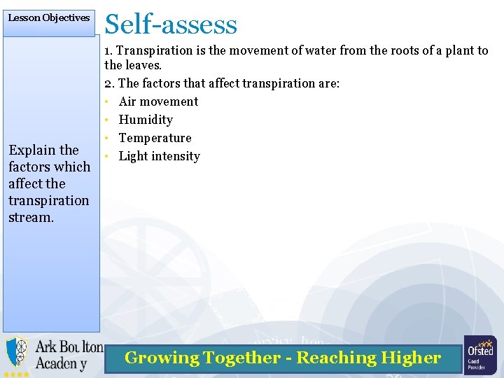 Lesson Objectives Explain the factors which affect the transpiration stream. Self-assess 1. Transpiration is