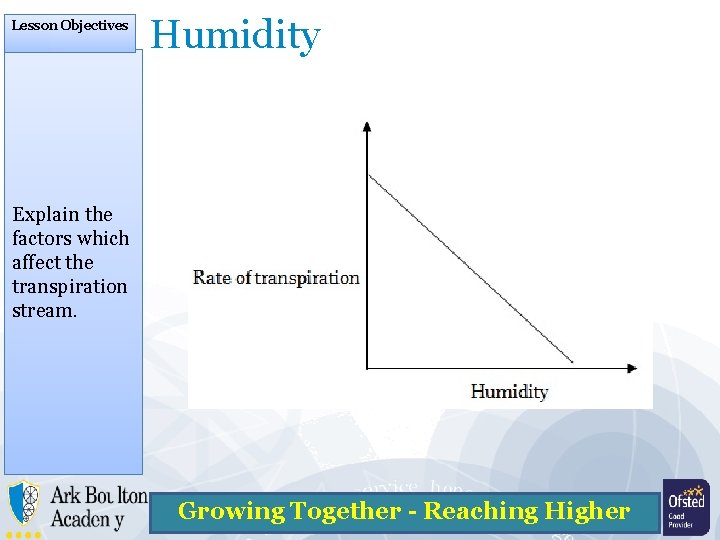 Lesson Objectives Humidity Explain the factors which affect the transpiration stream. Growing Together -