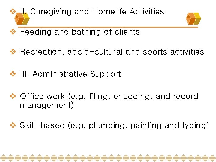v II. Caregiving and Homelife Activities v Feeding and bathing of clients v Recreation,