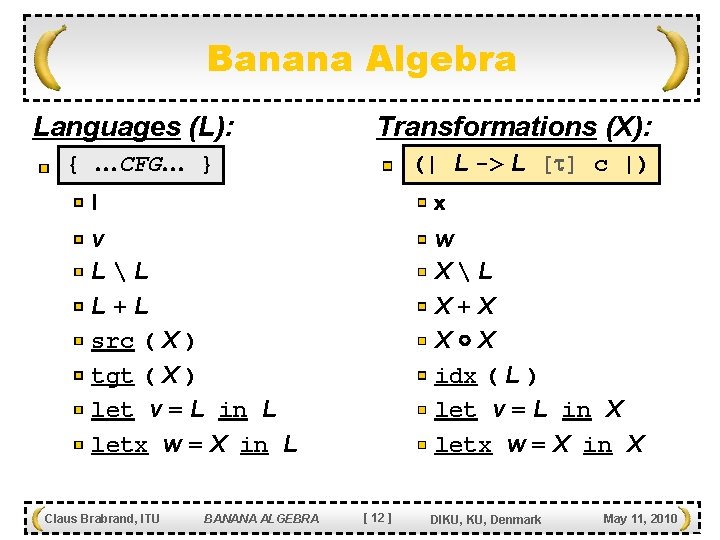 Banana Algebra Languages (L): Transformations (X): { CFG } (| L -> L [