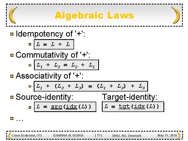 Algebraic Laws Idempotency of '+': L L + L Commutativity of '+': L 1