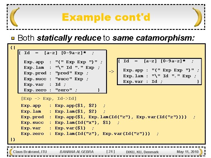 Example cont'd Both statically reduce to same catamorphism: (| { Id = [a-z] [0