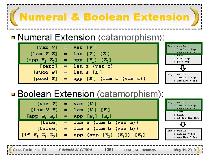 Numeral & Boolean Extension Numeral Extension (catamorphism): [var V] [lam V E] [app E