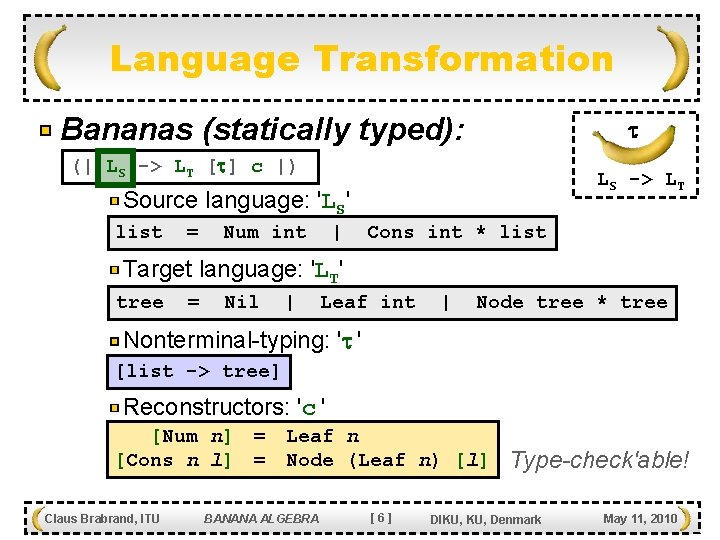 Language Transformation Bananas (statically typed): (| LS -> LT [ ] c |) LS