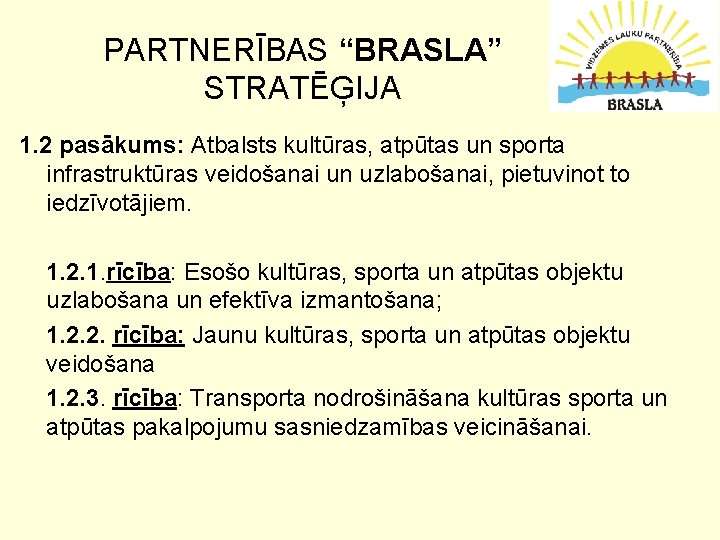 PARTNERĪBAS “BRASLA” STRATĒĢIJA 1. 2 pasākums: Atbalsts kultūras, atpūtas un sporta infrastruktūras veidošanai un
