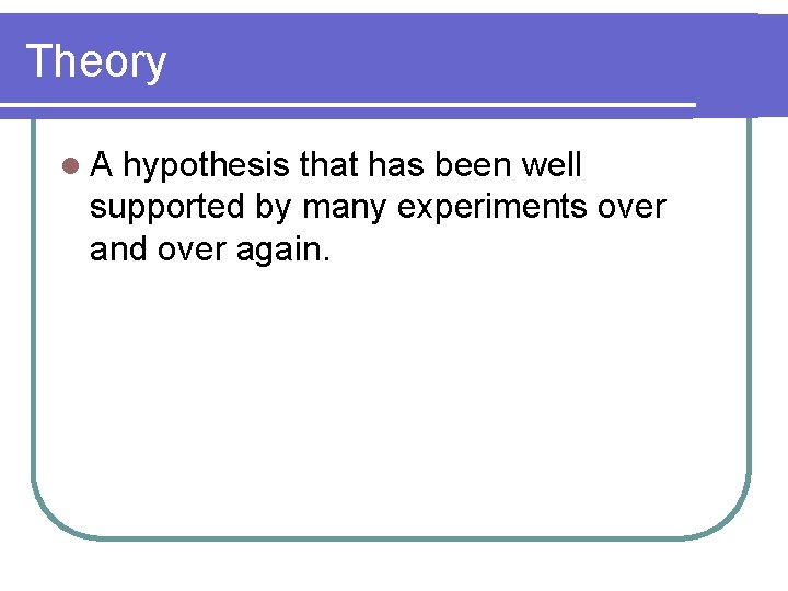 Theory l. A hypothesis that has been well supported by many experiments over and