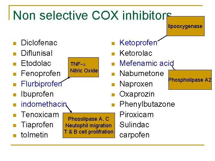 Non selective COX inhibitors lipooxygenase n n n n n Diclofenac n Diflunisal n