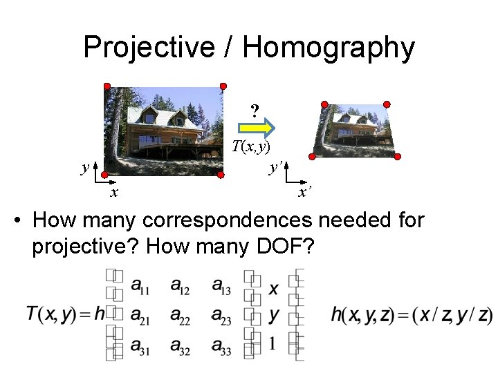 Projective / Homography ? T(x, y) y’ y x x’ • How many correspondences