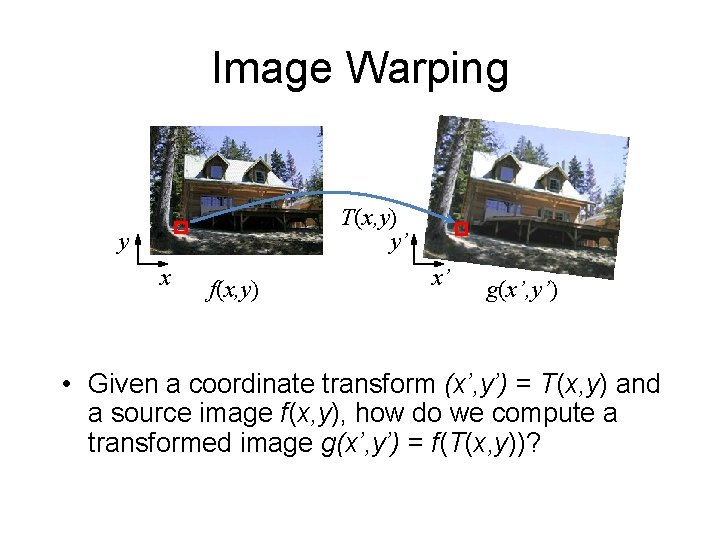 Image Warping T(x, y) y’ y x f(x, y) x’ g(x’, y’) • Given