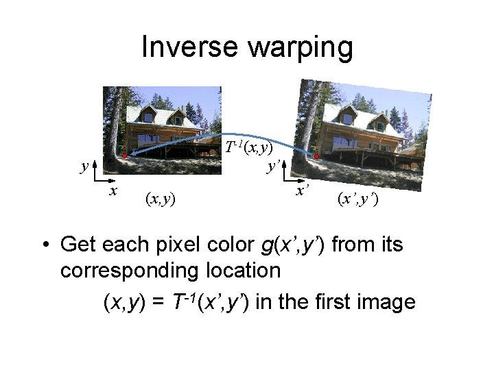 Inverse warping T-1(x, y) y’ y x (x, y) x’ (x’, y’) • Get