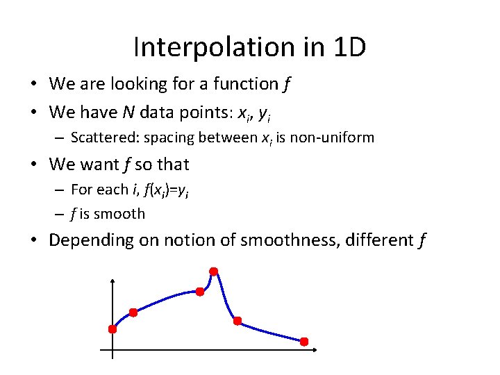 Interpolation in 1 D • We are looking for a function f • We