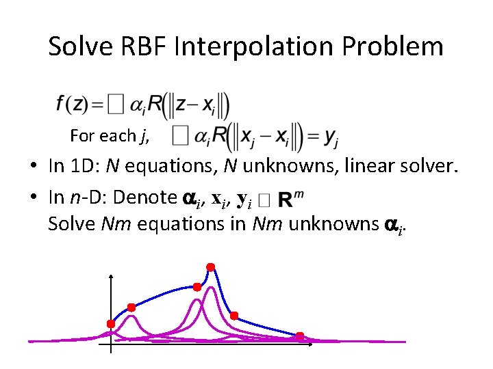Solve RBF Interpolation Problem For each j, • In 1 D: N equations, N