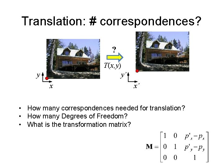 Translation: # correspondences? ? T(x, y) y’ y x x’ • How many correspondences