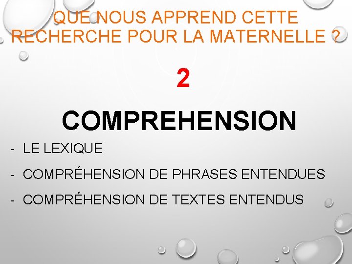 QUE NOUS APPREND CETTE RECHERCHE POUR LA MATERNELLE ? 2 COMPREHENSION - LE LEXIQUE