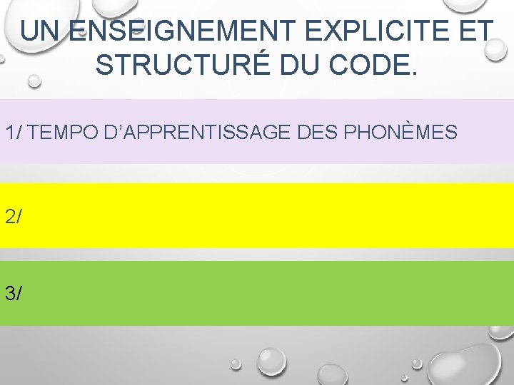 UN ENSEIGNEMENT EXPLICITE ET STRUCTURÉ DU CODE. 1/ TEMPO D’APPRENTISSAGE DES PHONÈMES 2/ 3/