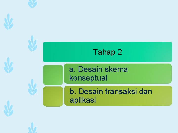 Tahap 2 a. Desain skema konseptual b. Desain transaksi dan aplikasi 