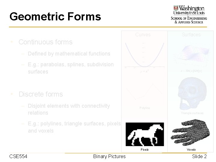 Geometric Forms Curves Surfaces • Continuous forms – Defined by mathematical functions – E.