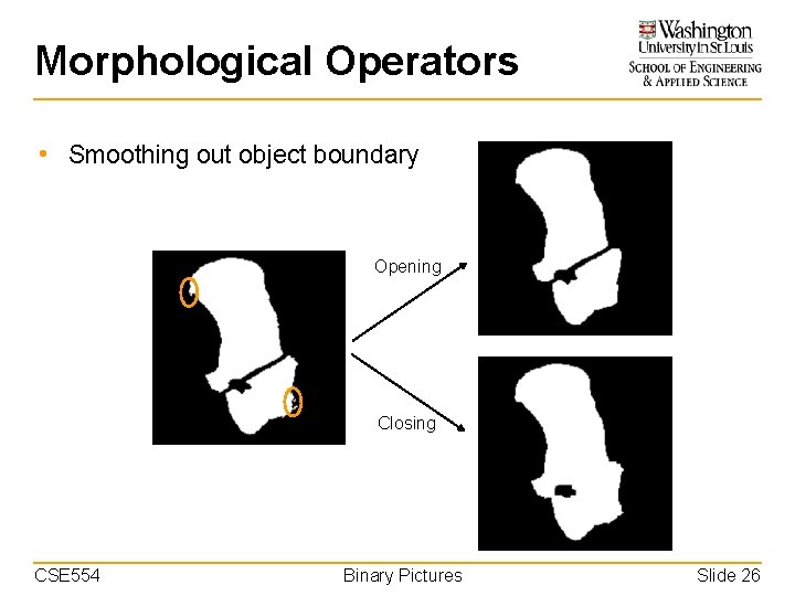 Morphological Operators • Smoothing out object boundary Opening Closing CSE 554 Binary Pictures Slide