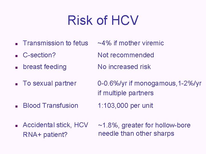 Risk of HCV n Transmission to fetus ~4% if mother viremic n C-section? Not