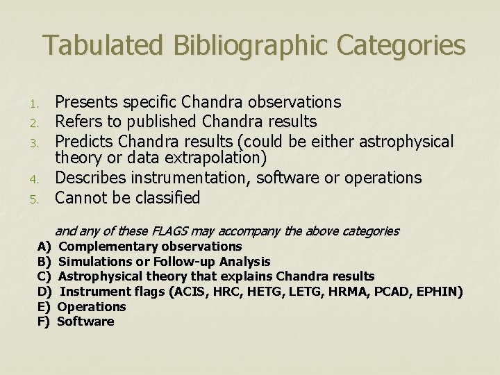 Tabulated Bibliographic Categories 1. 2. 3. 4. 5. A) B) C) D) E) F)