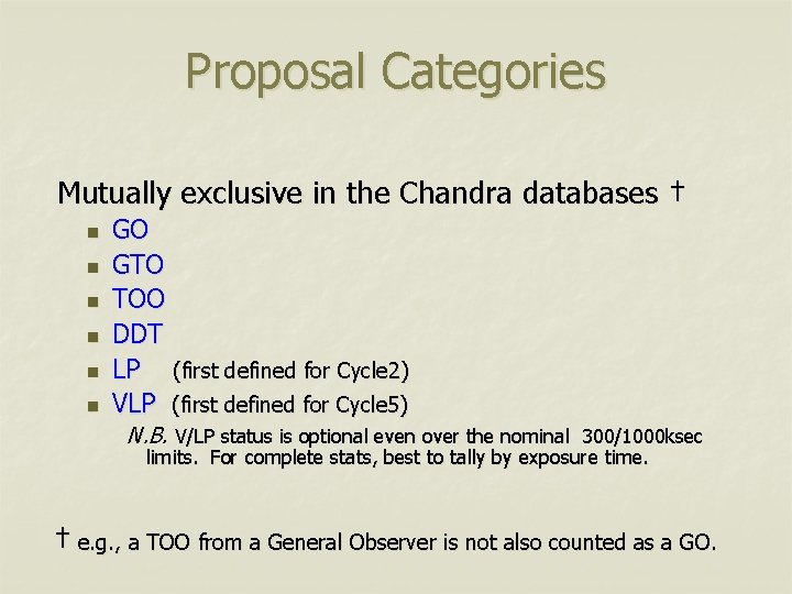 Proposal Categories Mutually exclusive in the Chandra databases † n n n GO GTO