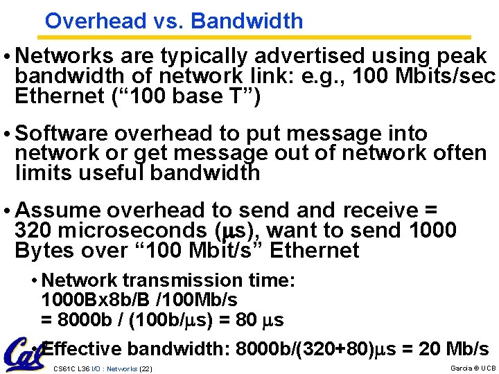 Overhead vs. Bandwidth • Networks are typically advertised using peak bandwidth of network link: