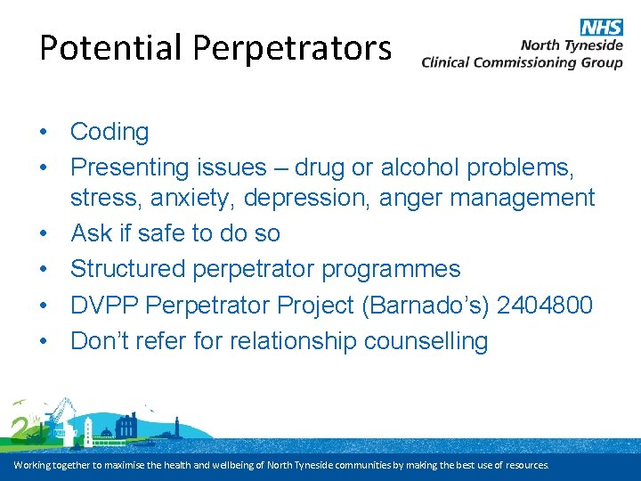 Potential Perpetrators • Coding • Presenting issues – drug or alcohol problems, stress, anxiety,