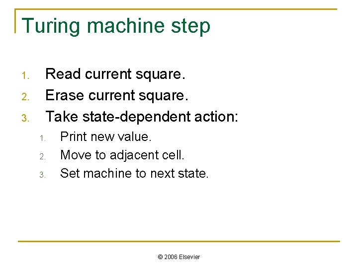 Turing machine step 1. 2. 3. Read current square. Erase current square. Take state-dependent