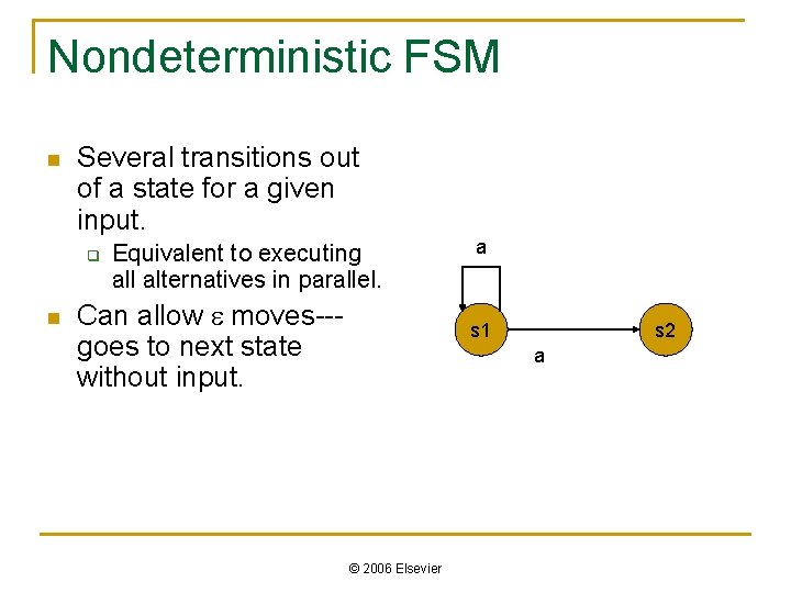 Nondeterministic FSM n Several transitions out of a state for a given input. q