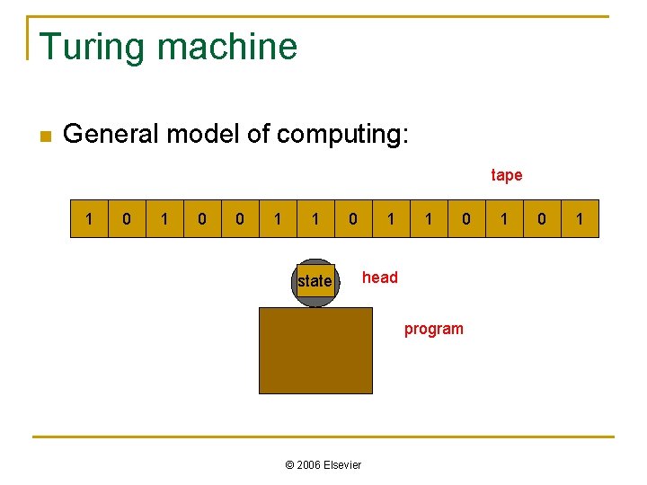 Turing machine n General model of computing: tape 1 0 0 1 1 0