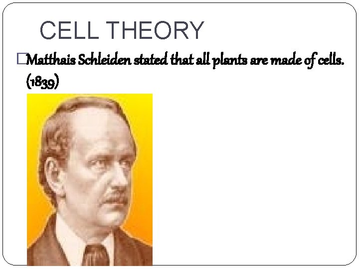 CELL THEORY �Matthais Schleiden stated that all plants are made of cells. (1839) 