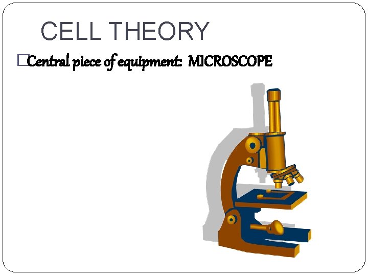 CELL THEORY �Central piece of equipment: MICROSCOPE 