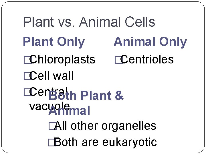 Plant vs. Animal Cells Plant Only Animal Only �Chloroplasts �Centrioles �Cell wall �Central Both