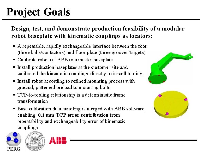 Project Goals Design, test, and demonstrate production feasibility of a modular robot baseplate with