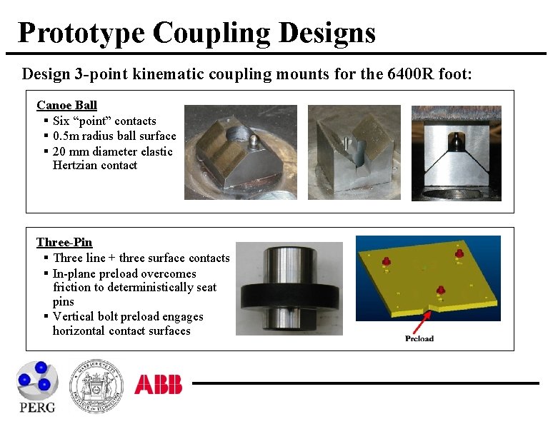Prototype Coupling Designs Design 3 -point kinematic coupling mounts for the 6400 R foot: