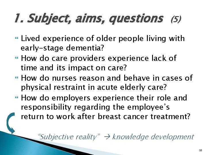 1. Subject, aims, questions (5) Lived experience of older people living with early-stage dementia?