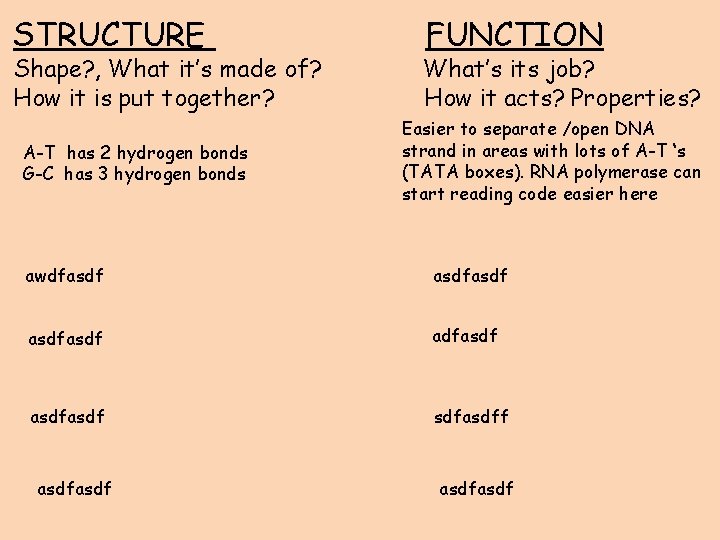 STRUCTURE Shape? , What it’s made of? How it is put together? A-T has