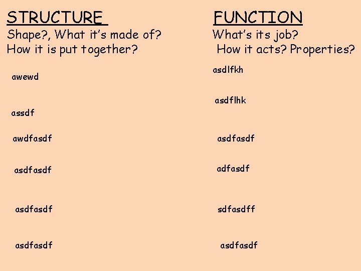 STRUCTURE Shape? , What it’s made of? How it is put together? awewd FUNCTION