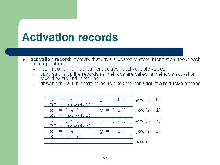 Activation records l activation record: memory that Java allocates to store information about each Activation records l activation record: memory that Java allocates to store information about each