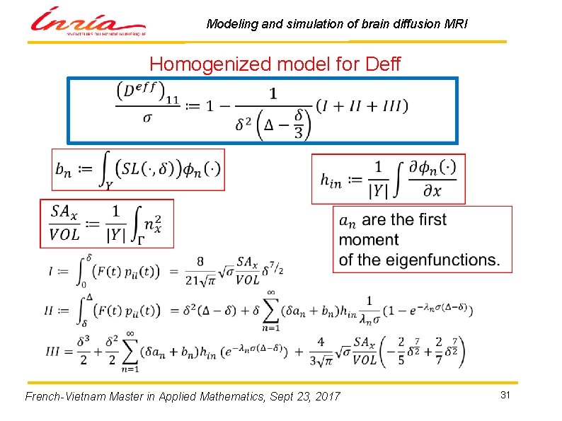 Modeling and simulation of brain diffusion MRI Homogenized model for Deff French-Vietnam Master in